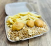 Chans Noodle Bar Cwmbran Chicken Balls, Fried Rice & Chips in Tray
